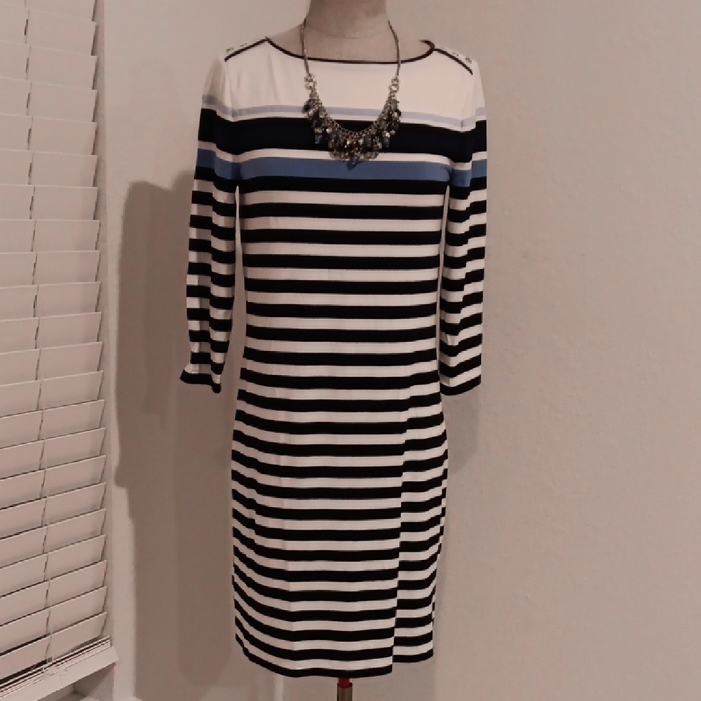 White House Black Market Striped Dress with Blue Accent